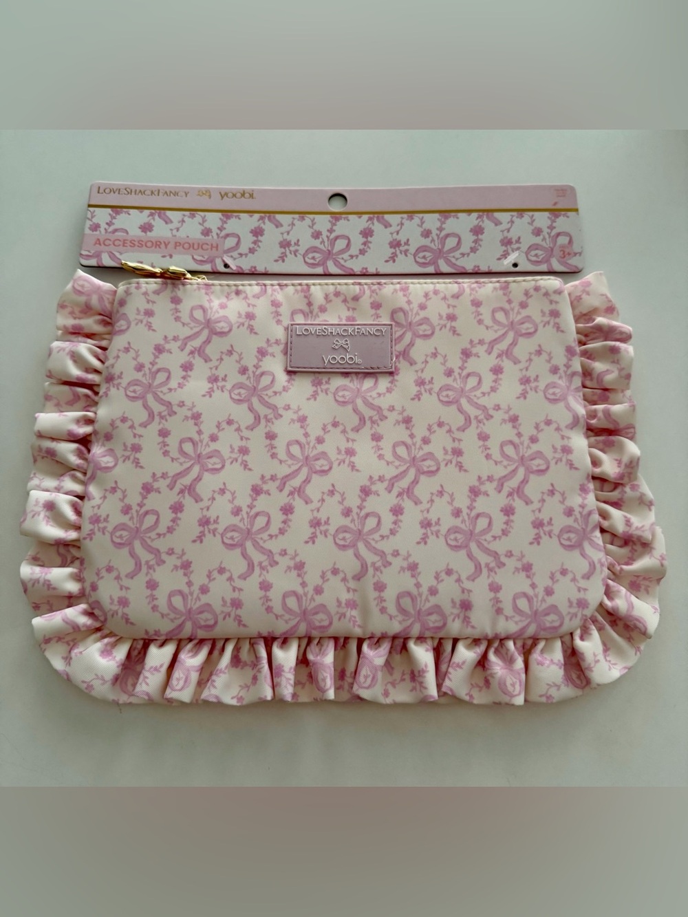 LoveShackFancy x Yoobi Coquette Bow Pink Ruffle Accessory Pouch